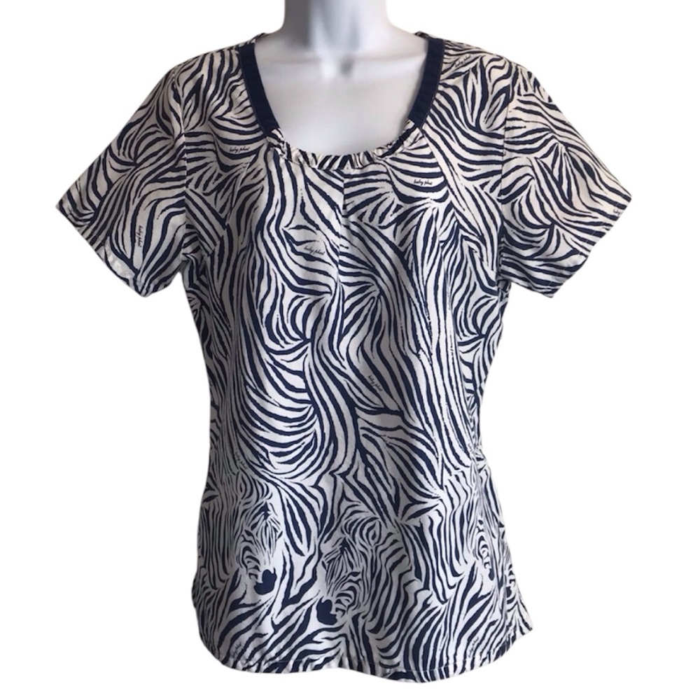 🔴 4/$15 Baby Phat Women’s L Navy & White Zebra Print Logo Scrub Top Uniform EUC